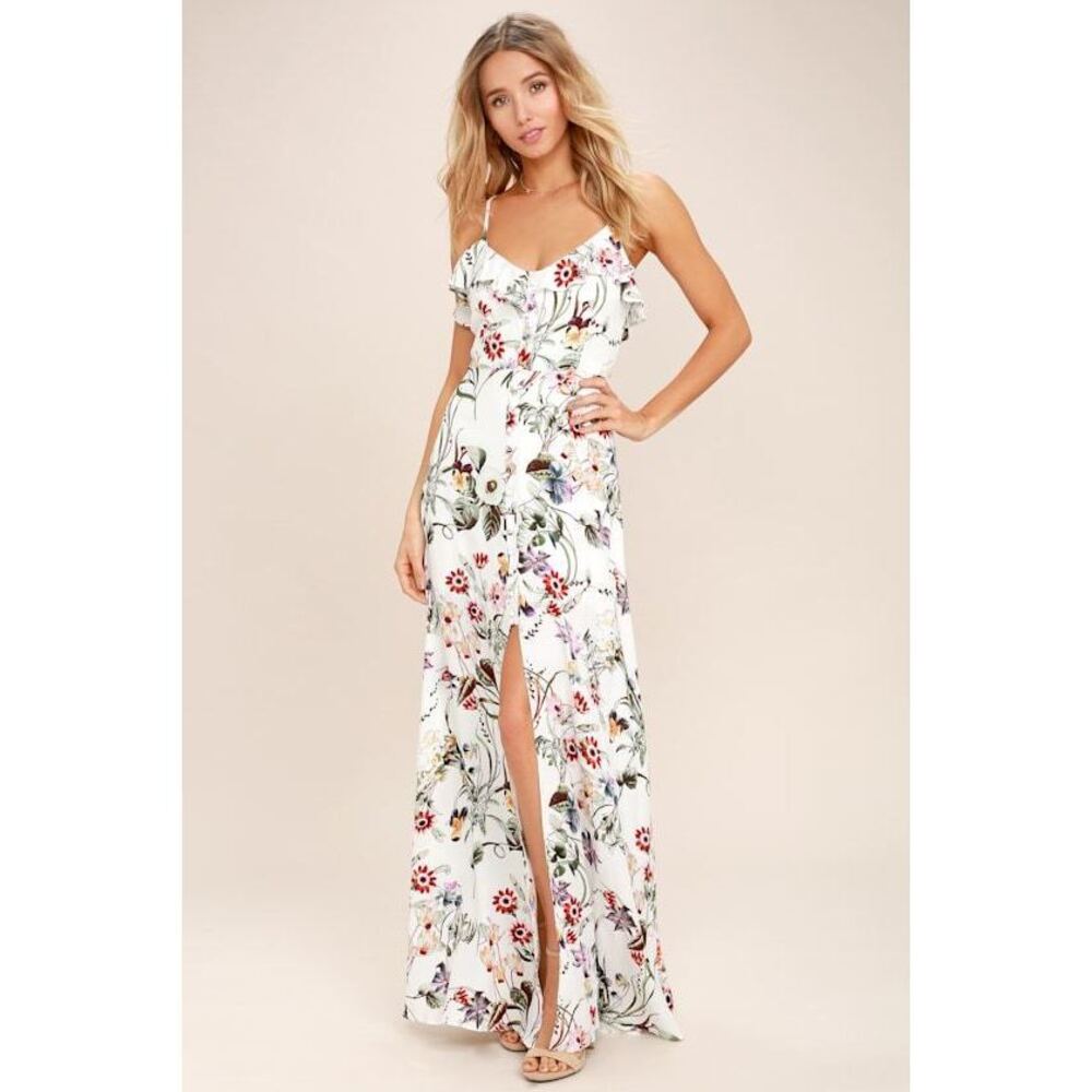Lulus Bloom On Ivory Floral Print Maxi Dress White - Size S